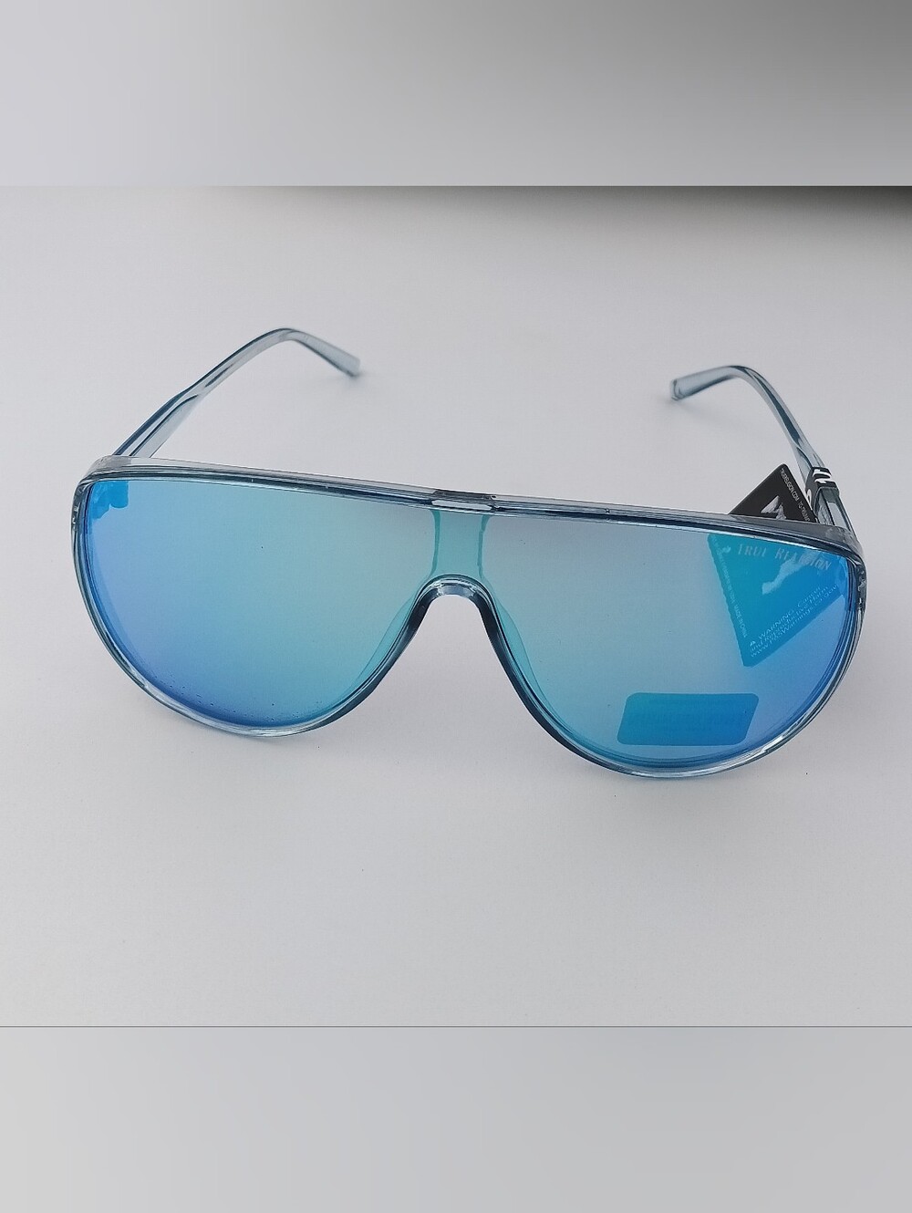 True Religion Shield Sunglasses Clear Blue Frame Blue Mirrored Lens New